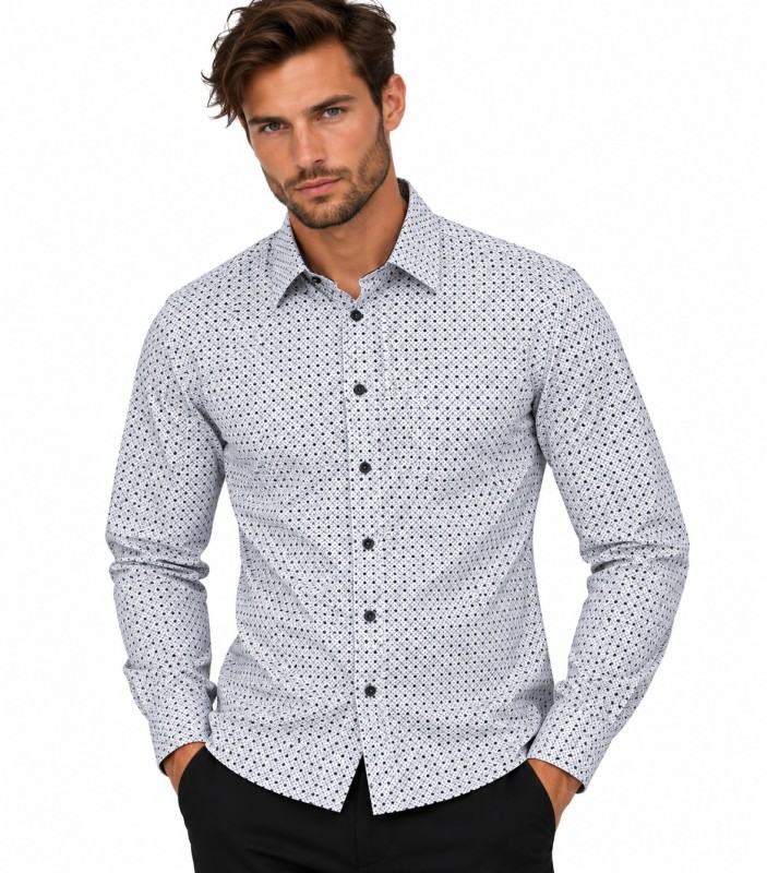             NM h.u slim fit elasztikus ing - Fehér-fekete mintás Hosszúujjú ing